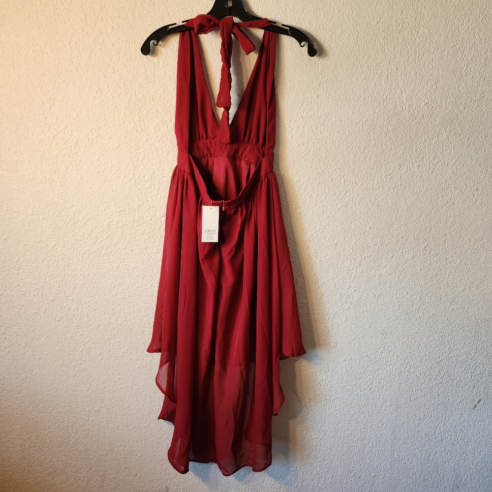 Azbro Women red Halter open back dress high low chiffon v neck sz small NWT sexy - Picture 9 of 12